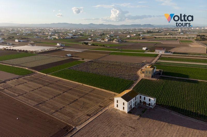Vista aérea del paisaje agrícola tradicional de L’Horta de València, mostrando los campos verdes que rodean la ciudad